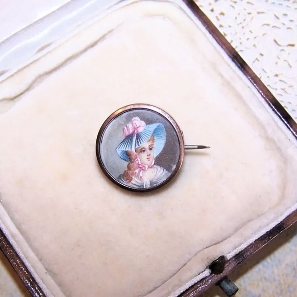 Antique Edwardian Gold Filled Handpainted Portrait Miniature Pin Brooch - Picture 1 of 5